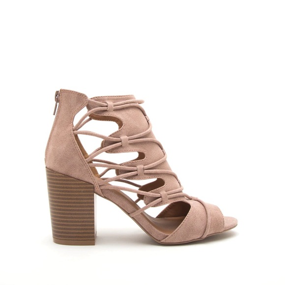 Qupid Clyde Cut Out Strappy Blush Pink Peep Toe Block Heel Booties - Picture 3 of 12